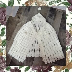 Vintage Handmade Girls White Crocheted Cape with Hood